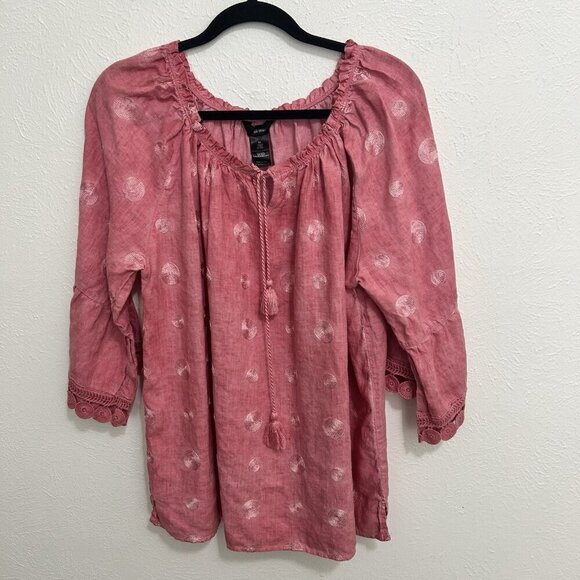 Ali Miles Pink Embroidered Linen Tunic Top Blouse 3/4 Flared Sleeves Size XL - Picture 9 of 10